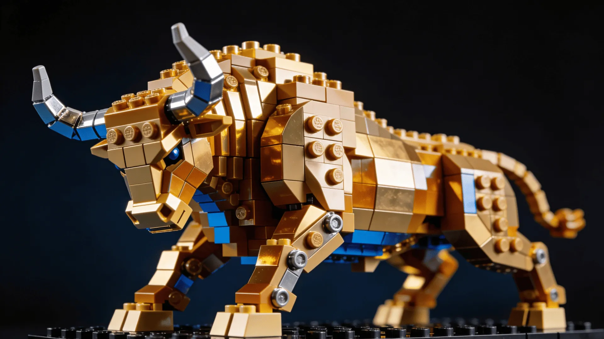 The Wall Street Bull, made of Golden Lego Bricks.